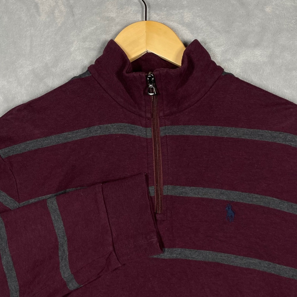 Polo Ralph Lauren Mens Medium Burgundy Grey Striped Quarter Zip Pullover Sweater